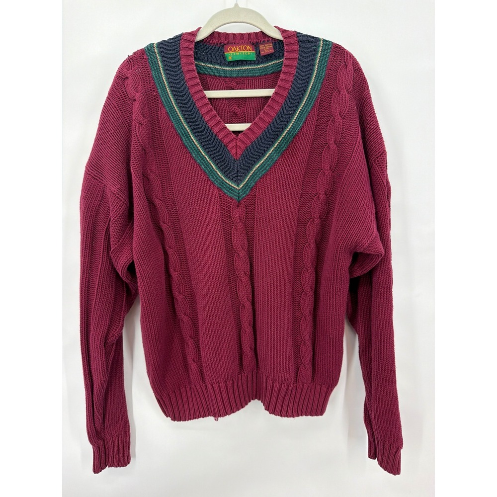 Vintage Oakton Limited Burgundy Cable Knit Cotton V-Neck Sweater Mens XL